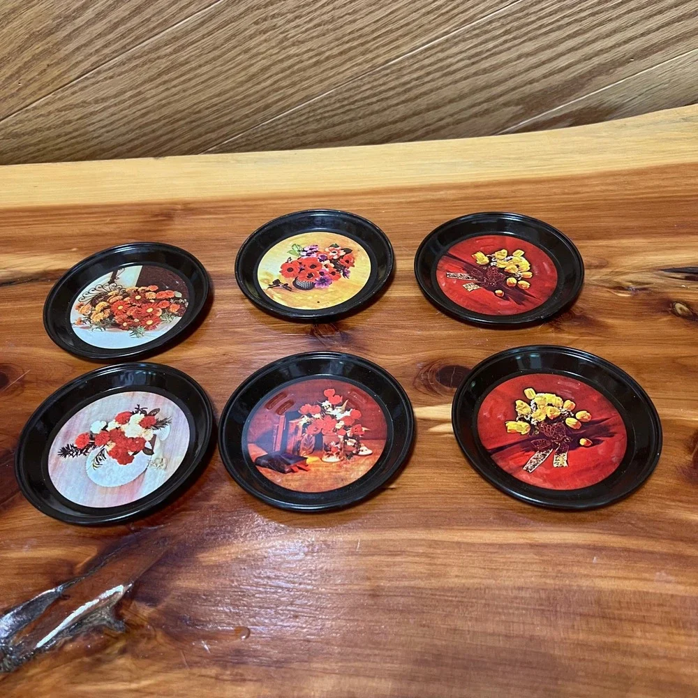 Vintage Tin Floral Drink Coasters Set of 6 Retro Flower Prints Metal Kitsch‎